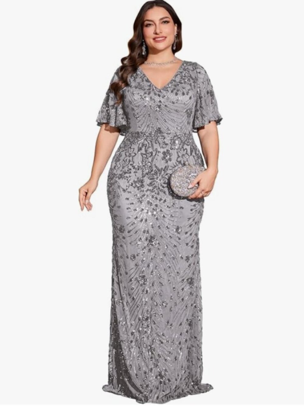 XUIBOL Plus Size Evening Gowns Short Sleeves Glitter Mermaid Dress (Grey, 4XL)
